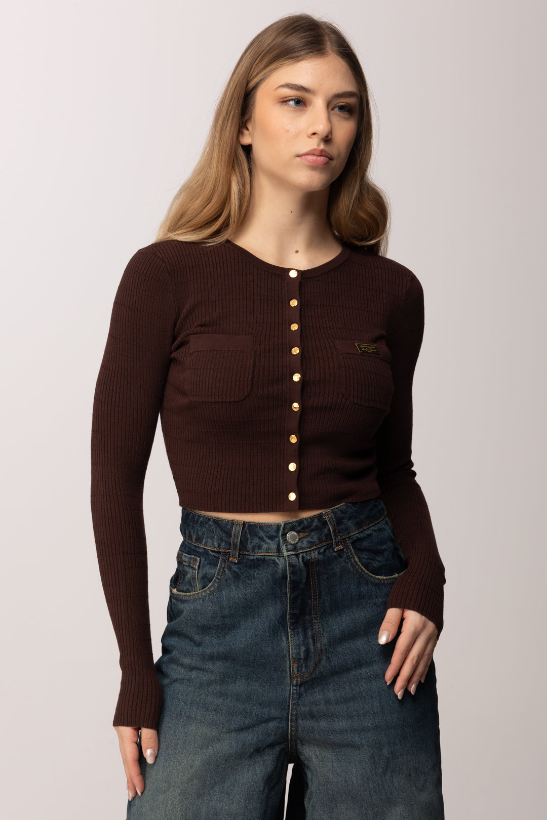 Elisabetta Franchi Cardigan Crop In Maglia a Micro-trecce MK88B61E2 CACAO