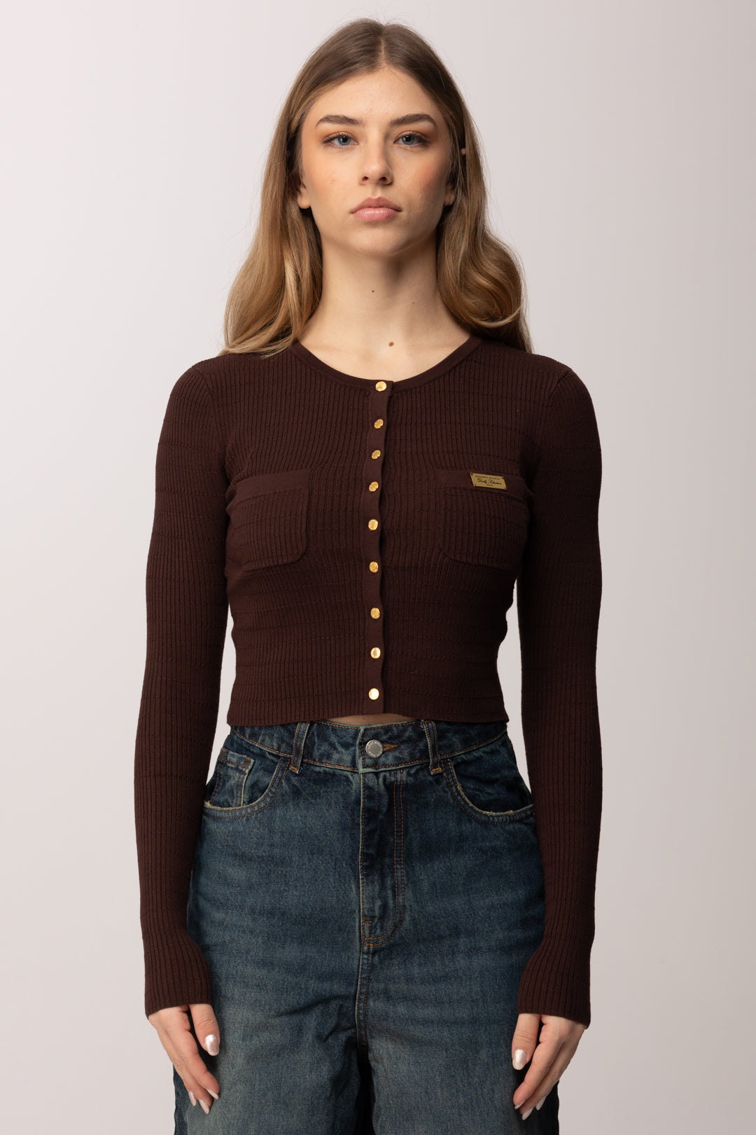 Elisabetta Franchi Cardigan Crop In Maglia a Micro-trecce MK88B61E2 CACAO
