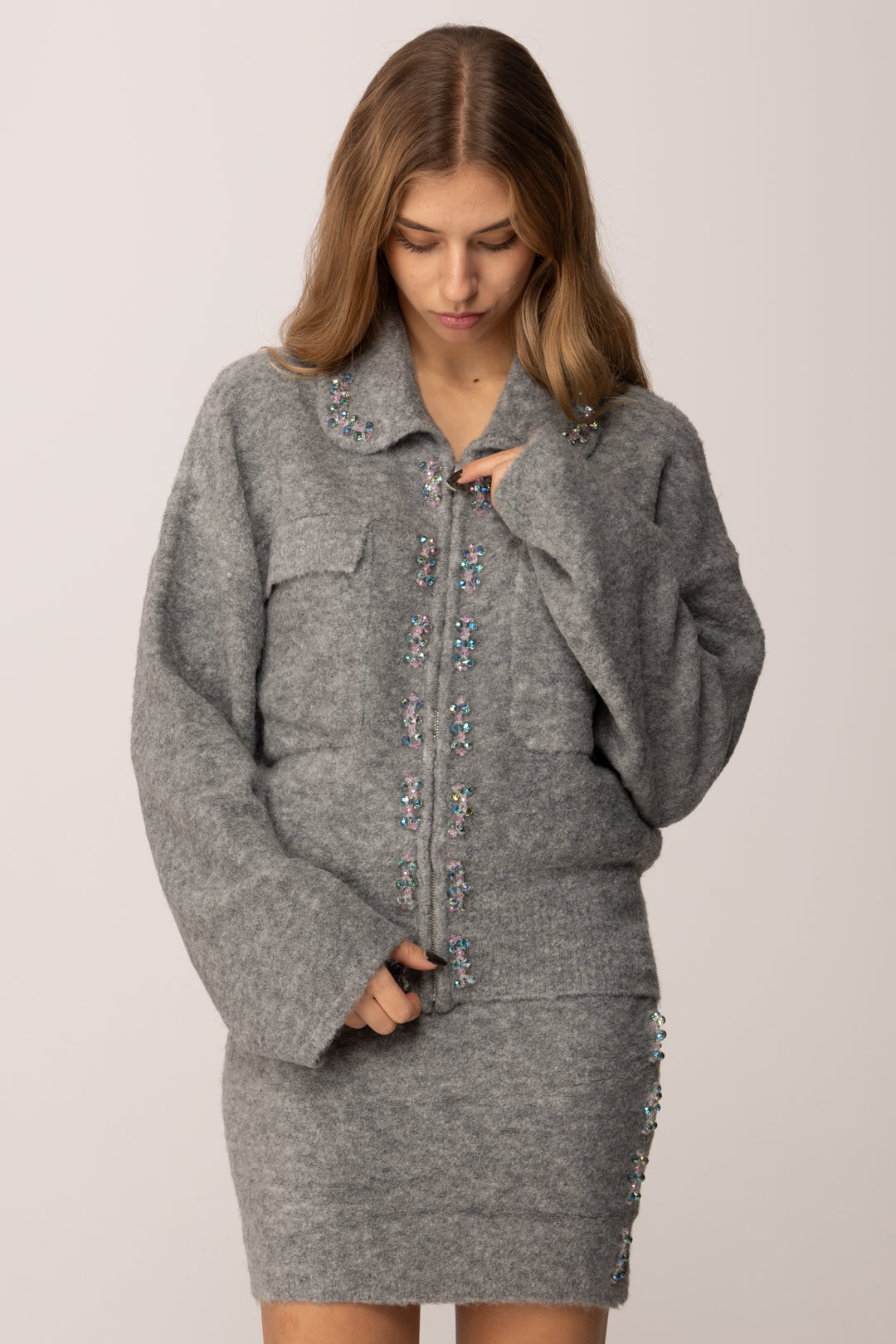 Pinko Cardigan Full Zip con Castoni e Tasche GRIGIO-MONUMENTO GR.
