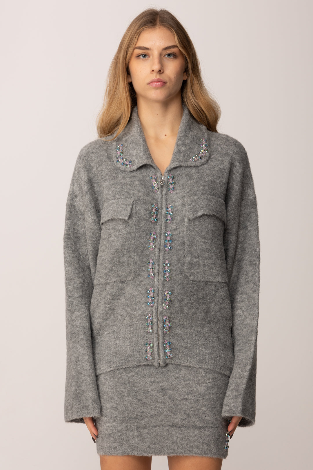Pinko Cardigan Full Zip con Castoni e Tasche GRIGIO-MONUMENTO GR.