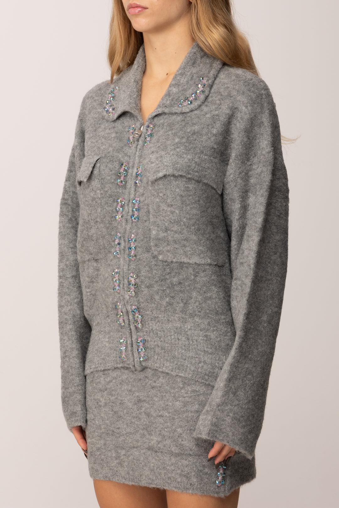 Pinko Cardigan Full Zip con Castoni e Tasche GRIGIO-MONUMENTO GR.