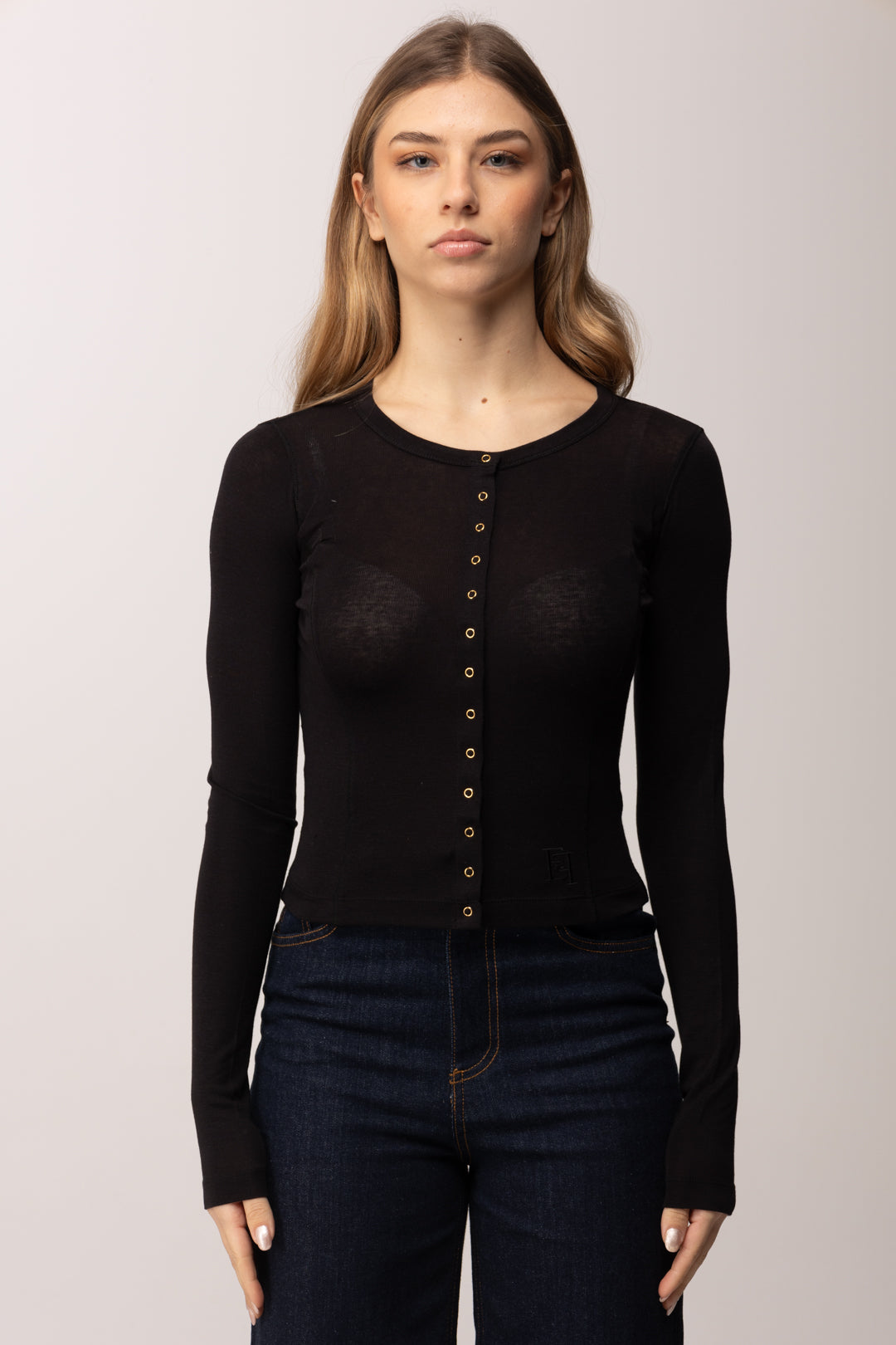 Elisabetta Franchi Cardigan In Jersey Leggero con Logo Ricamato MD95B61E2 NERO