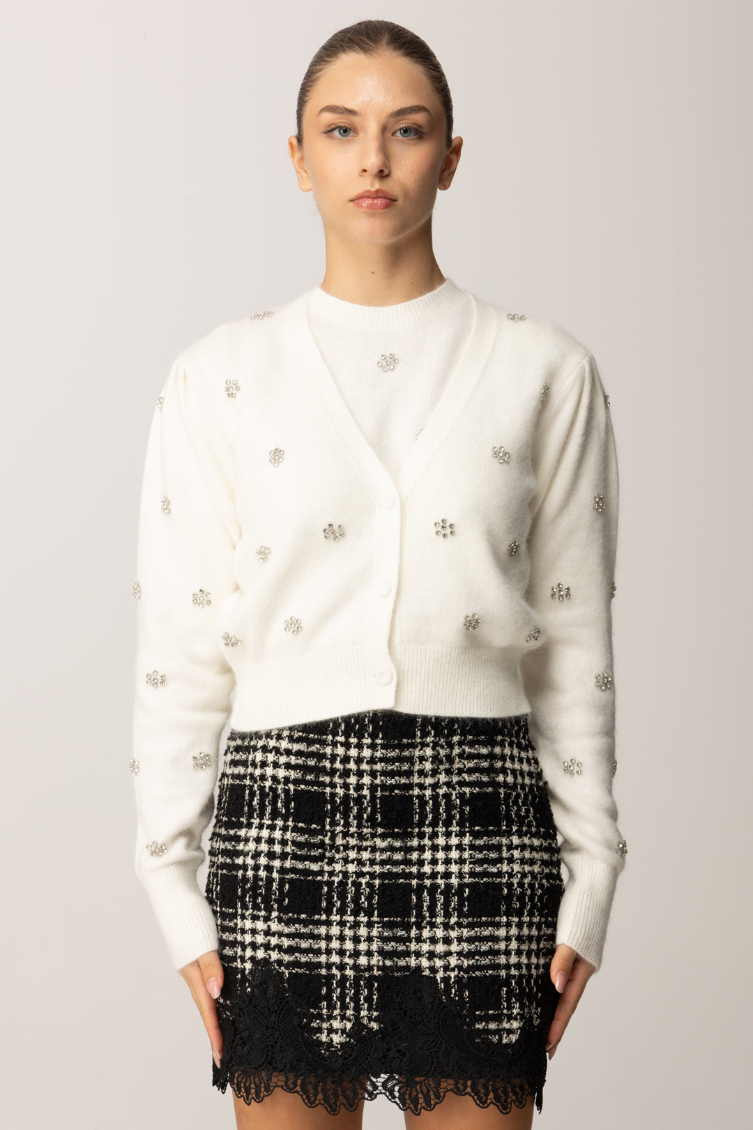 Twin-set Cardigan In Misto Angora con Ricamo a Cristalli 252TT3180 NEVE