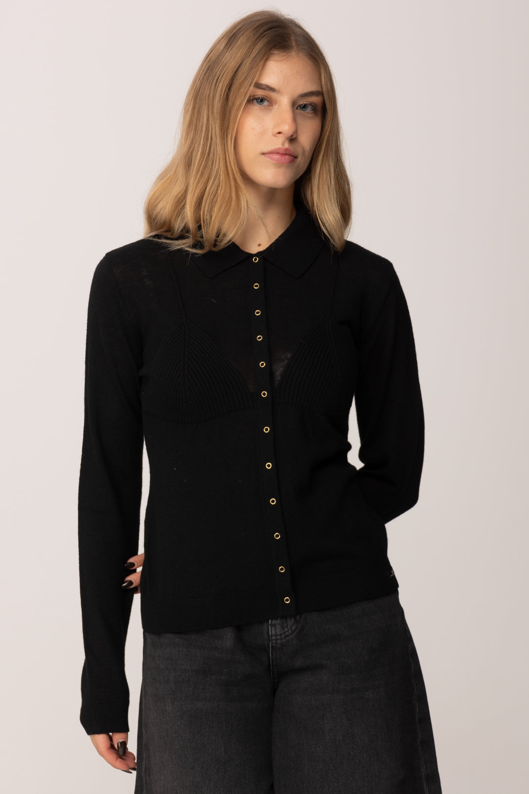 Elisabetta Franchi Cardigan In Misto Lana con Colletto Polo MK36S57E2 NERO