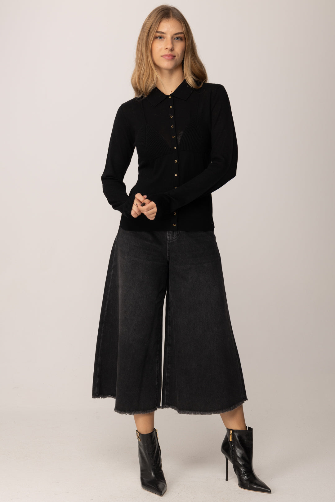 Elisabetta Franchi Cardigan In Misto Lana con Colletto Polo MK36S57E2 NERO