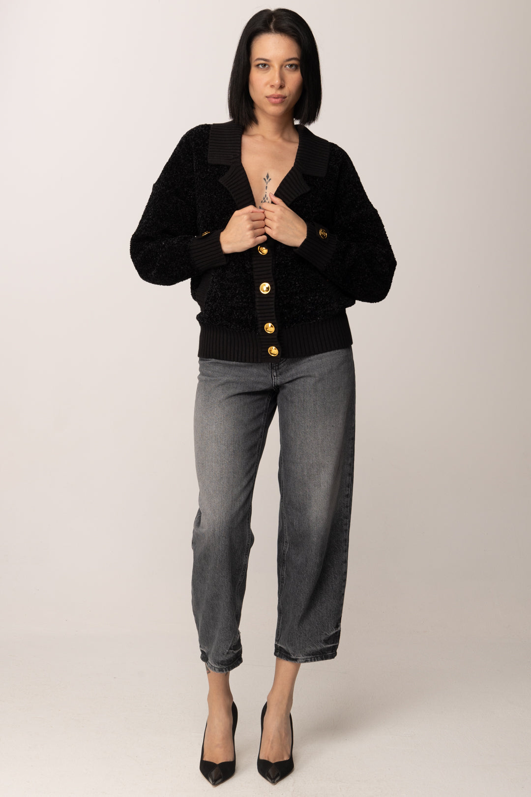 Elisabetta Franchi Cardigan Over Bouclé con Bottoni Gioiello NERO MK44S57E2