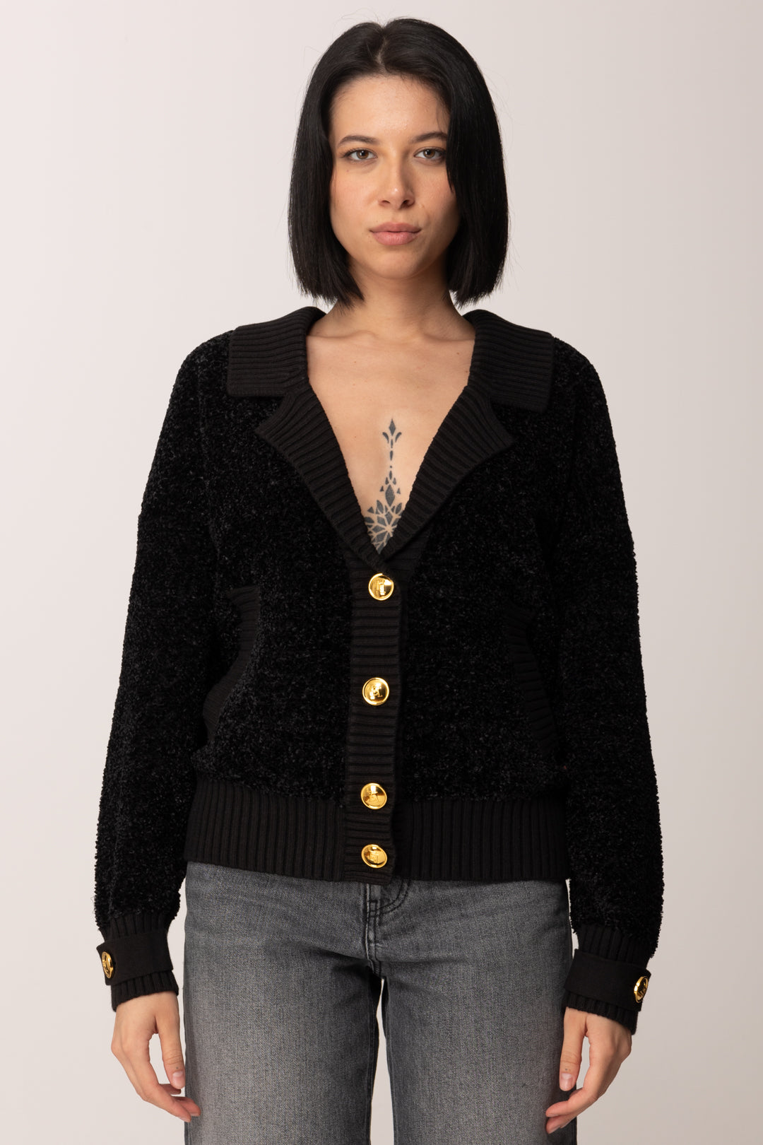 Elisabetta Franchi Cardigan Over Bouclé con Bottoni Gioiello NERO MK44S57E2
