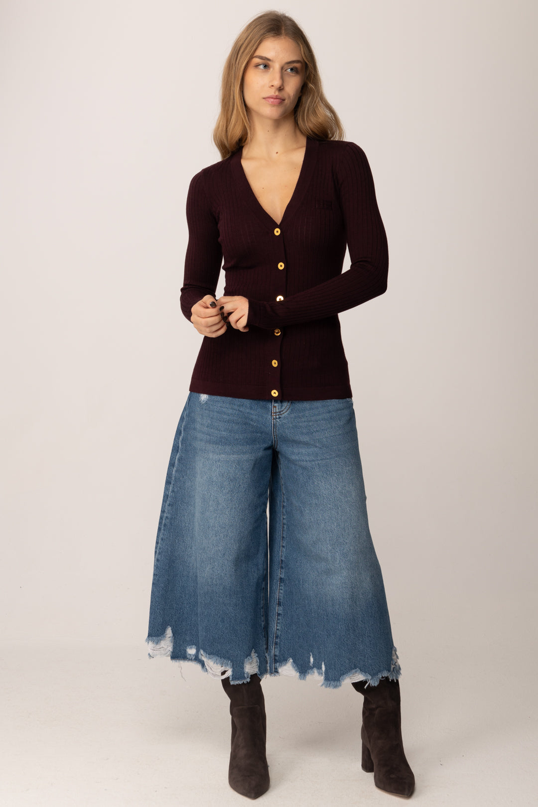 Elisabetta Franchi Cardigan a Coste In Misto Cachemire MK33S57E2 MERLOT