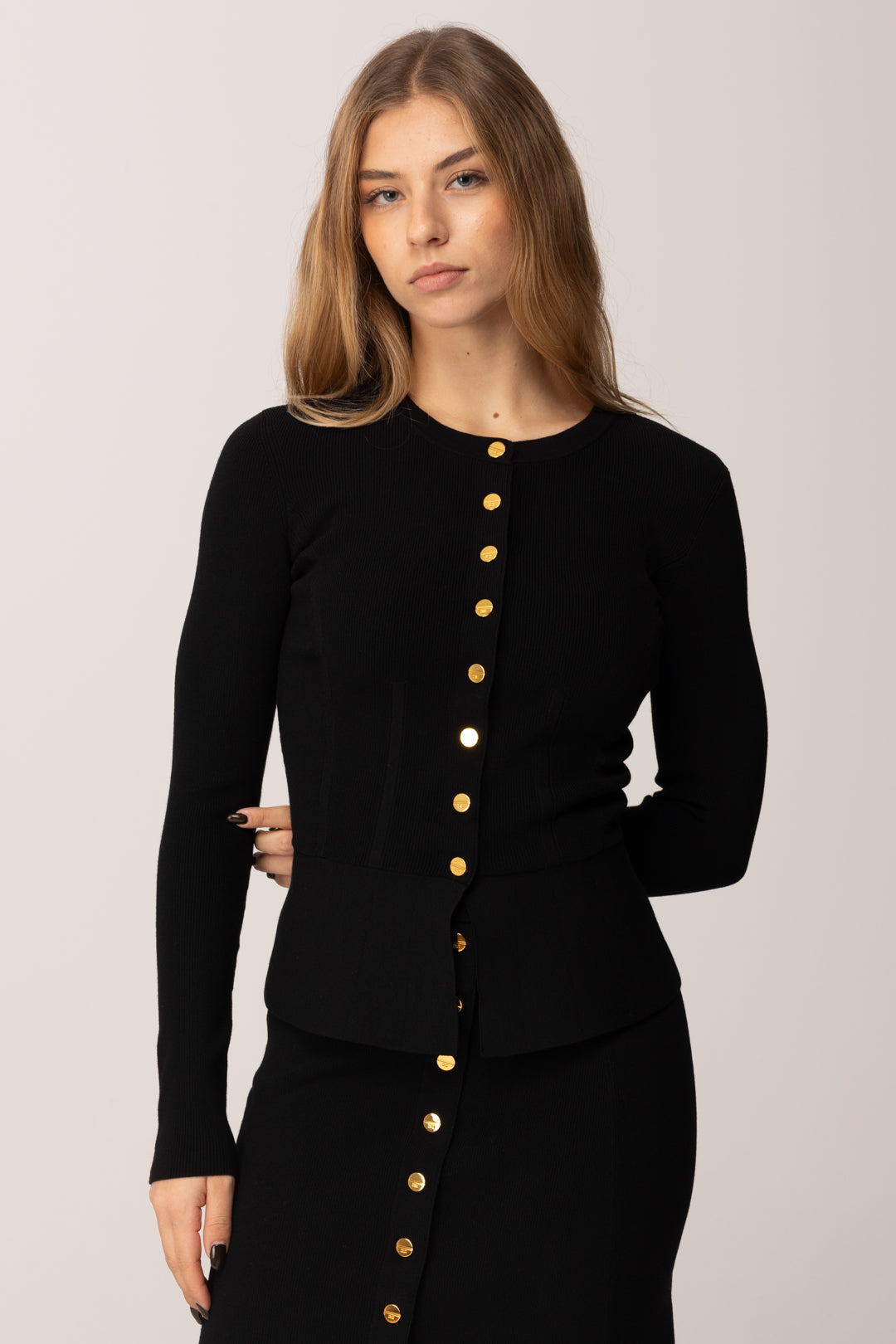 Elisabetta Franchi Cardigan con Baschina e Bottoni Oro MK49S57E2 NERO