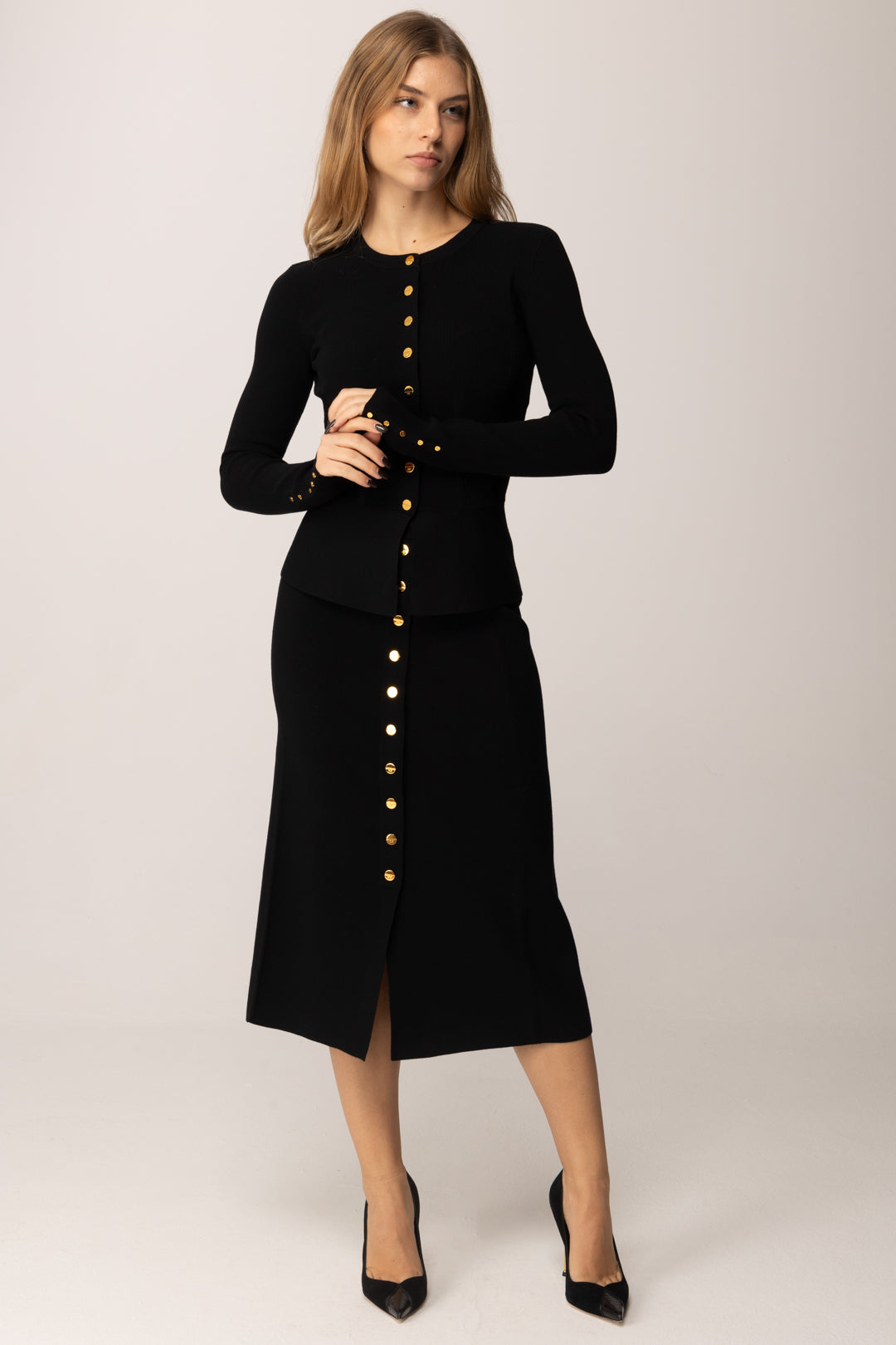 Elisabetta Franchi Cardigan con Baschina e Bottoni Oro MK49S57E2 NERO