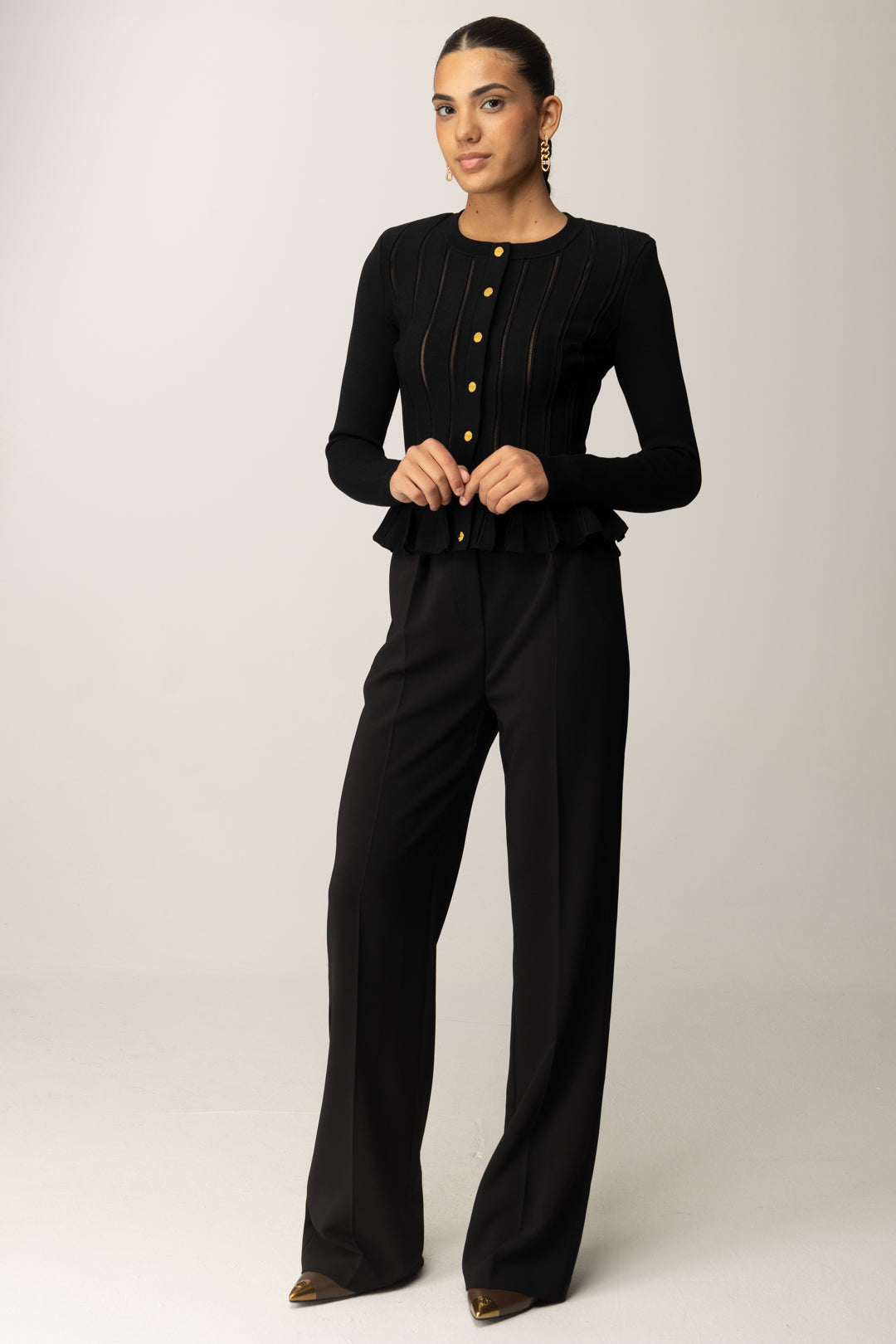 Elisabetta Franchi Cardigan con Baschina e Dettagli a Jour MK07S56E2 NERO