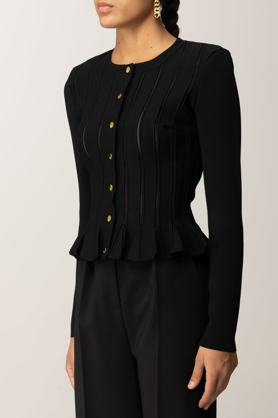 Elisabetta Franchi Cardigan con Baschina e Dettagli a Jour MK07S56E2 NERO
