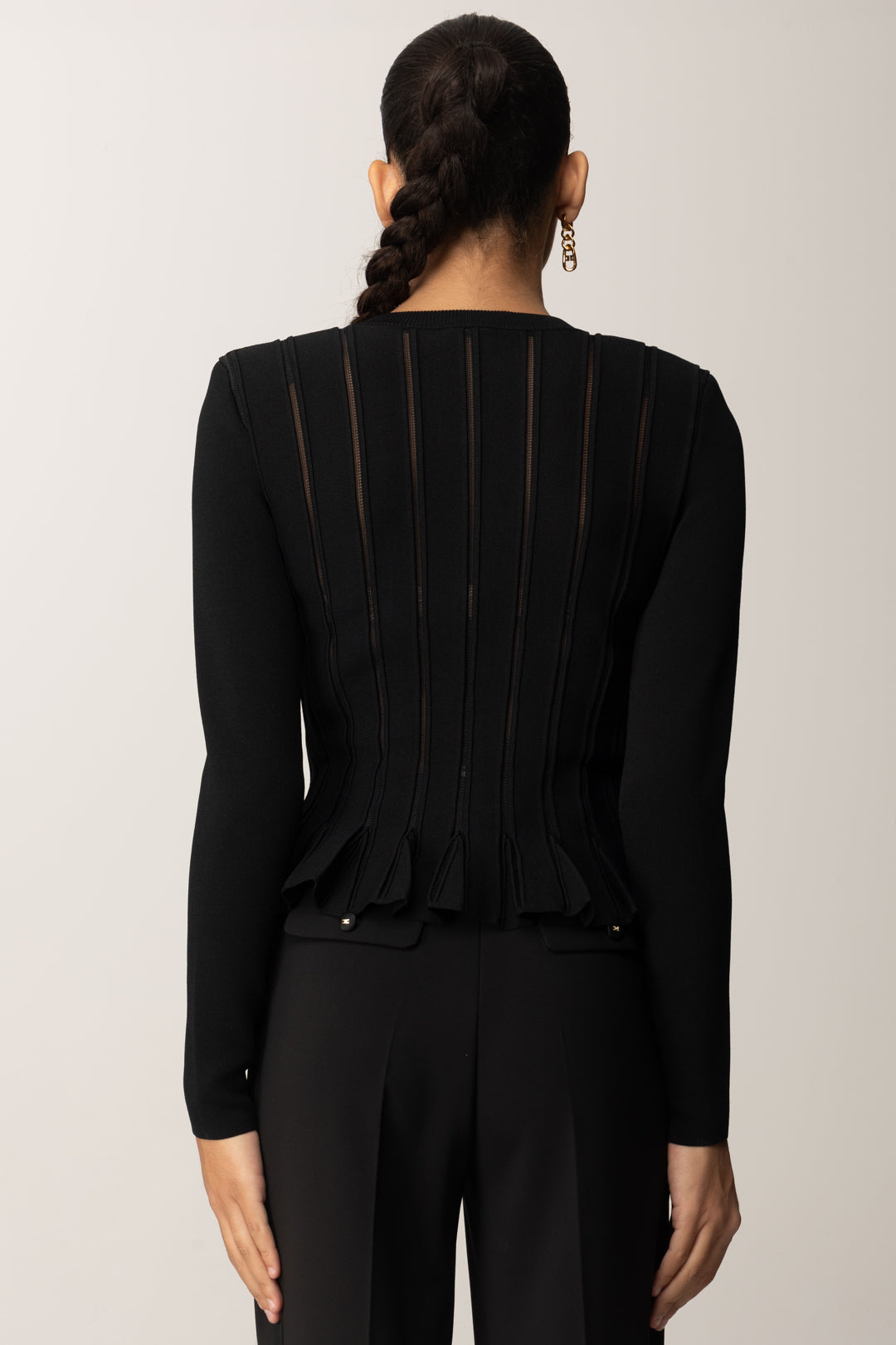 Elisabetta Franchi Cardigan con Baschina e Dettagli a Jour MK07S56E2 NERO