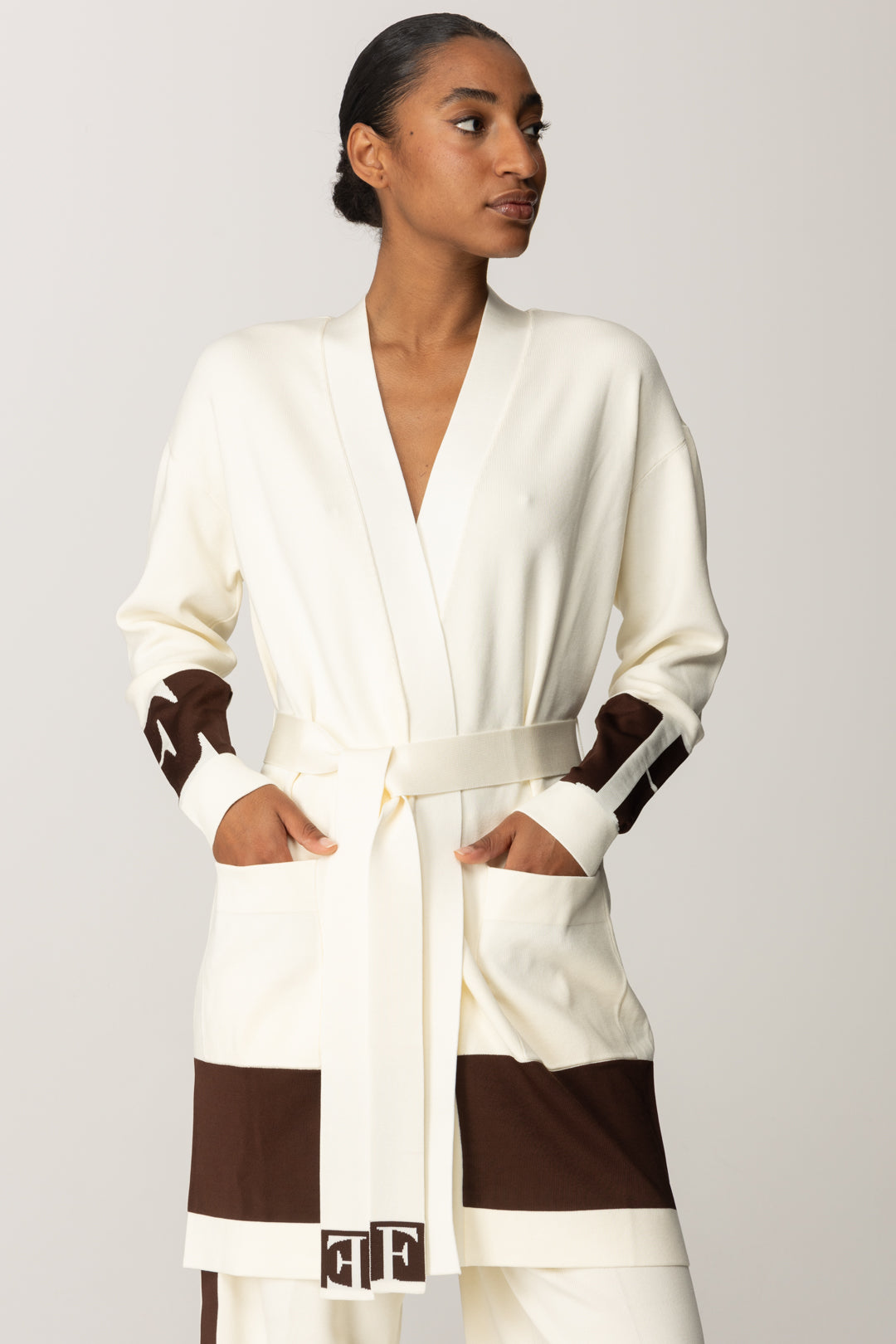 Elisabetta Franchi Cardigan con Cintura con Bande a Contrasto MILK/COFFEE MK02S56E2 