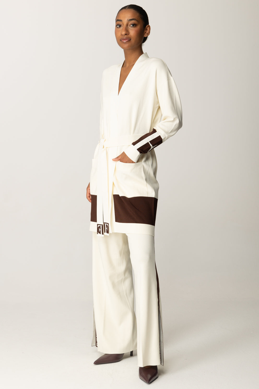 Elisabetta Franchi Cardigan con Cintura con Bande a Contrasto MILK/COFFEE MK02S56E2