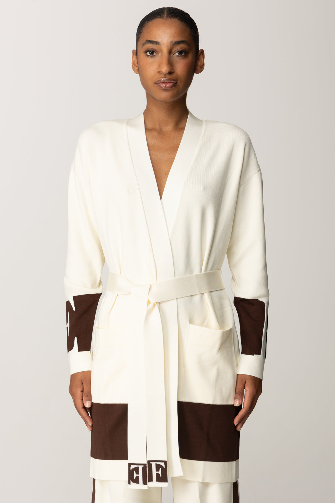 Elisabetta Franchi Cardigan con Cintura con Bande a Contrasto MILK/COFFEE MK02S56E2