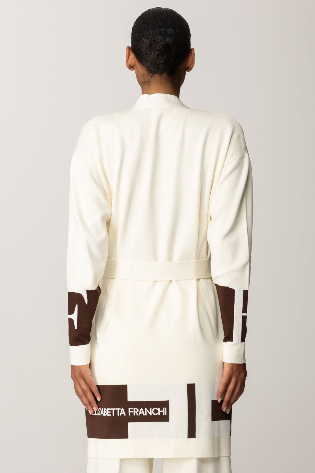 Elisabetta Franchi Cardigan con Cintura con Bande a Contrasto MILK/COFFEE MK02S56E2