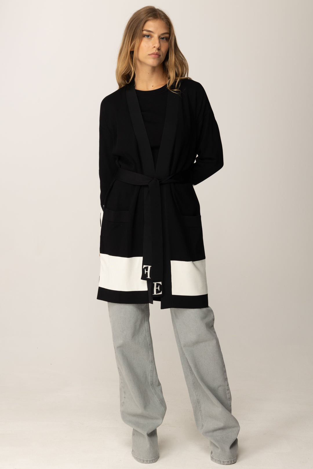 Elisabetta Franchi Cardigan con Cintura con Bande a Contrasto MK02S56E2 NERO/MILK