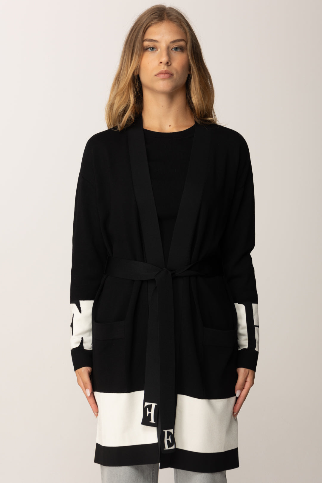 Elisabetta Franchi Cardigan con Cintura con Bande a Contrasto MK02S56E2 NERO/MILK