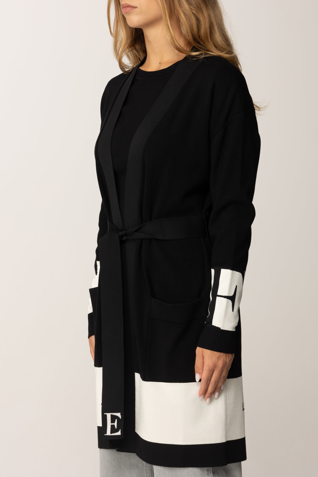 Elisabetta Franchi Cardigan con Cintura con Bande a Contrasto MK02S56E2 NERO/MILK