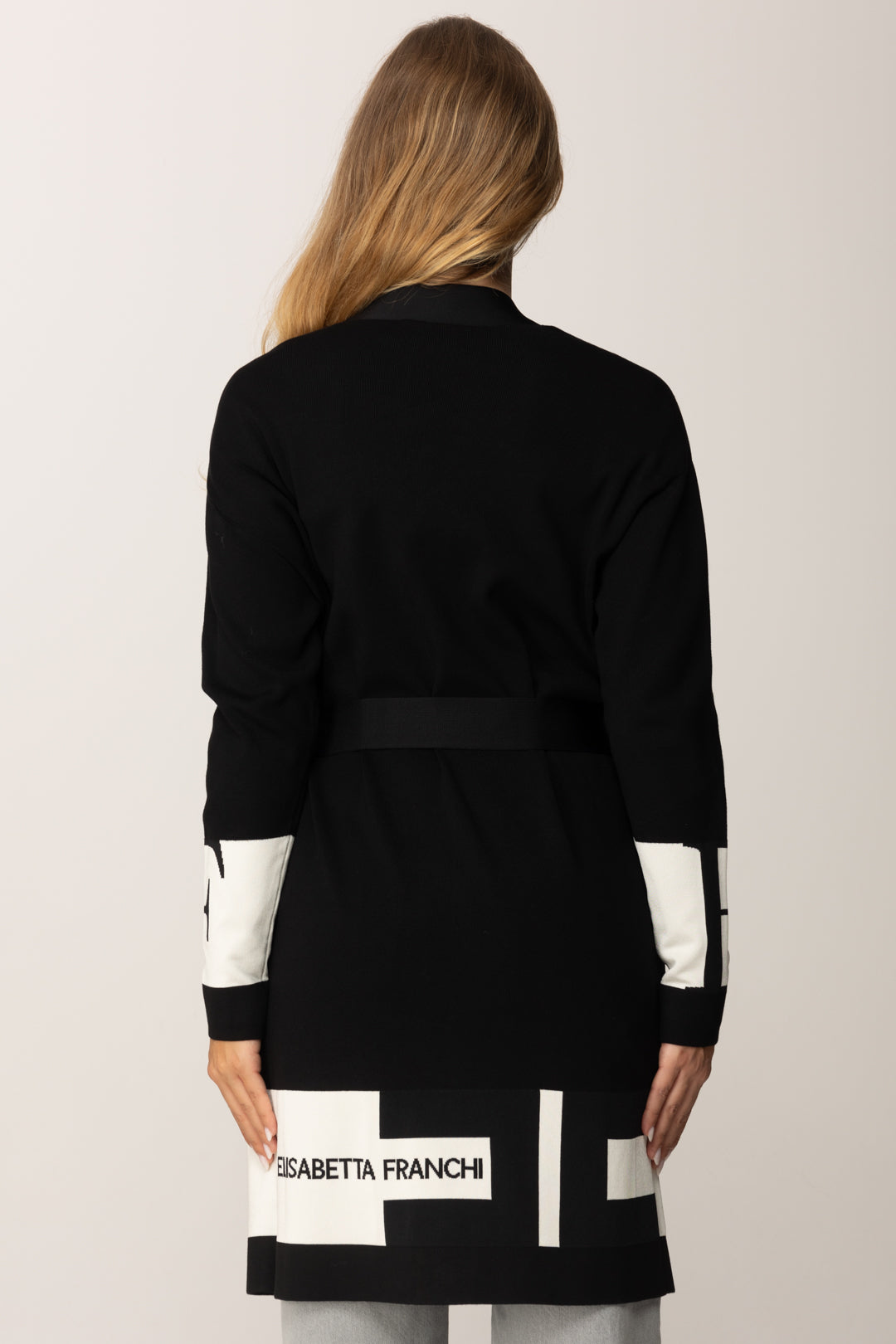 Elisabetta Franchi Cardigan con Cintura con Bande a Contrasto MK02S56E2 NERO/MILK