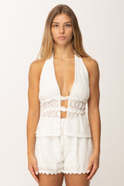 Khloefemme Completo In Sangallo Top e Shorts 53975 BIANCO