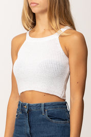 Khloefemme Crop Top Tricot Smanicato a Costine 1004 BIANCO