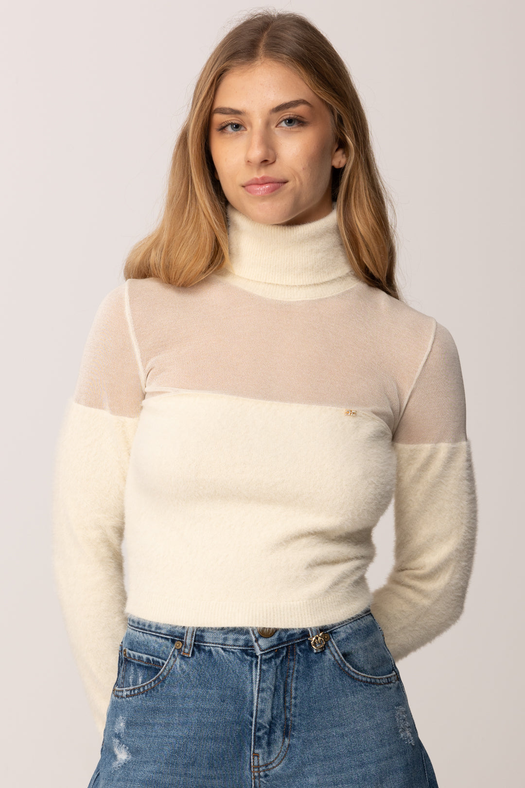 Elisabetta Franchi Dolcevita Crop In Maglia con Inserto Garzato MK54T57E2 MILK