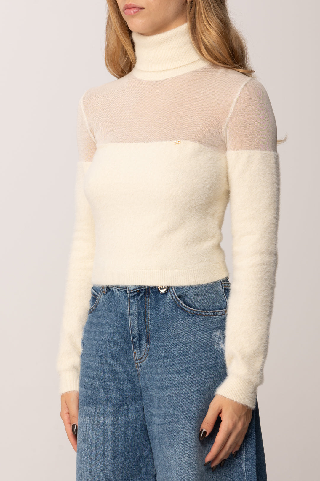 Elisabetta Franchi Dolcevita Crop In Maglia con Inserto Garzato MK54T57E2 MILK