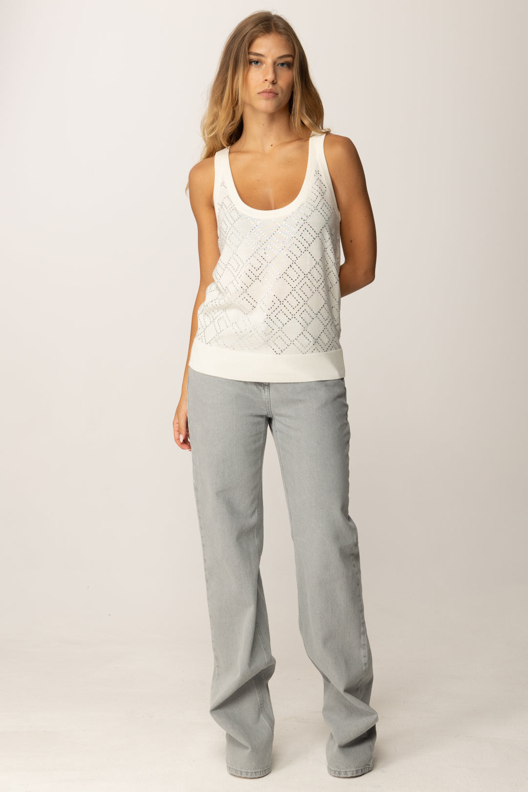 Elisabetta Franchi Canotta In Lana Rasata con Cristalli TK59B56E2 MILK/SILVER 