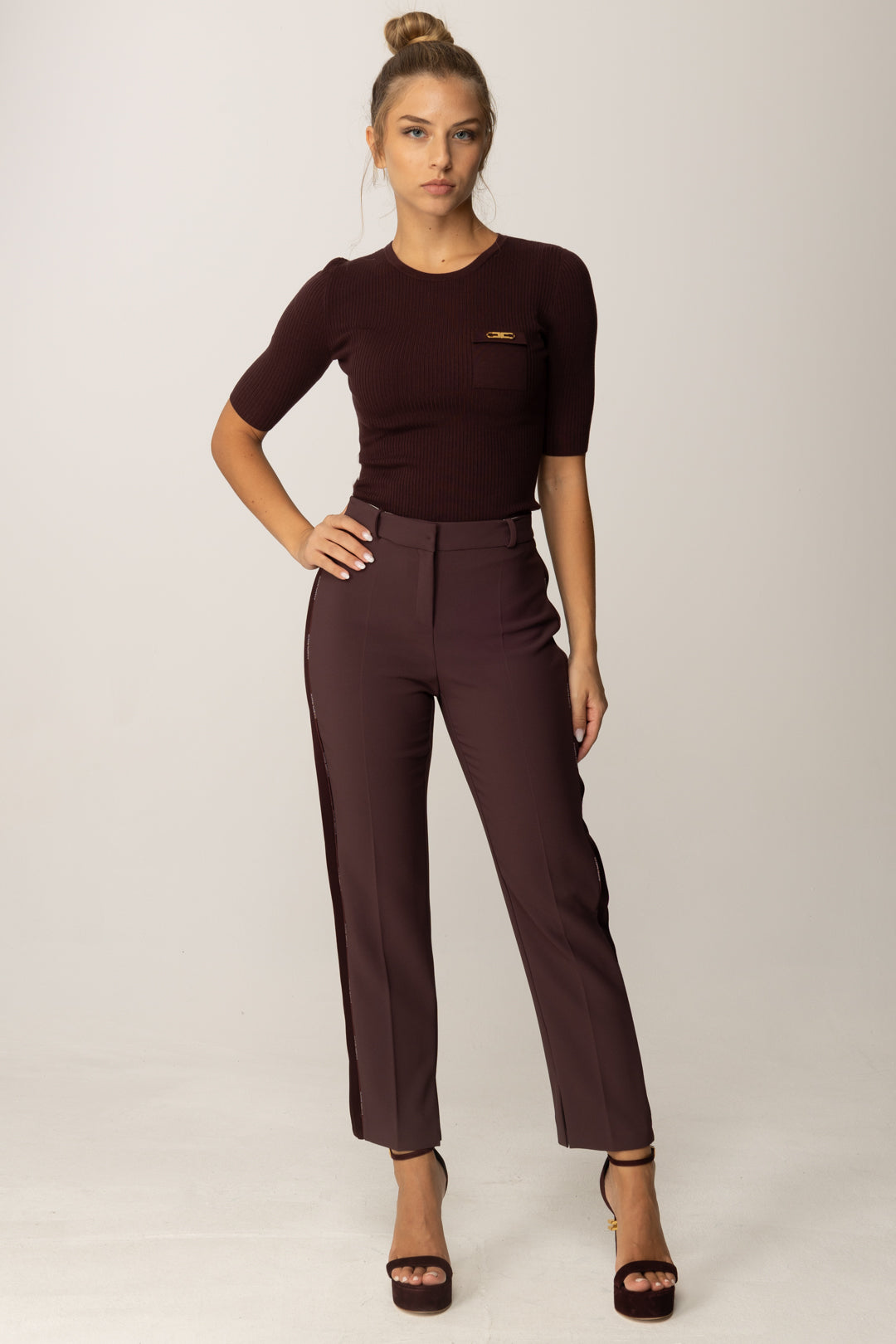 Elisabetta Franchi Maglia a Costine con Maniche Corte MK10B56E2 MERLOT