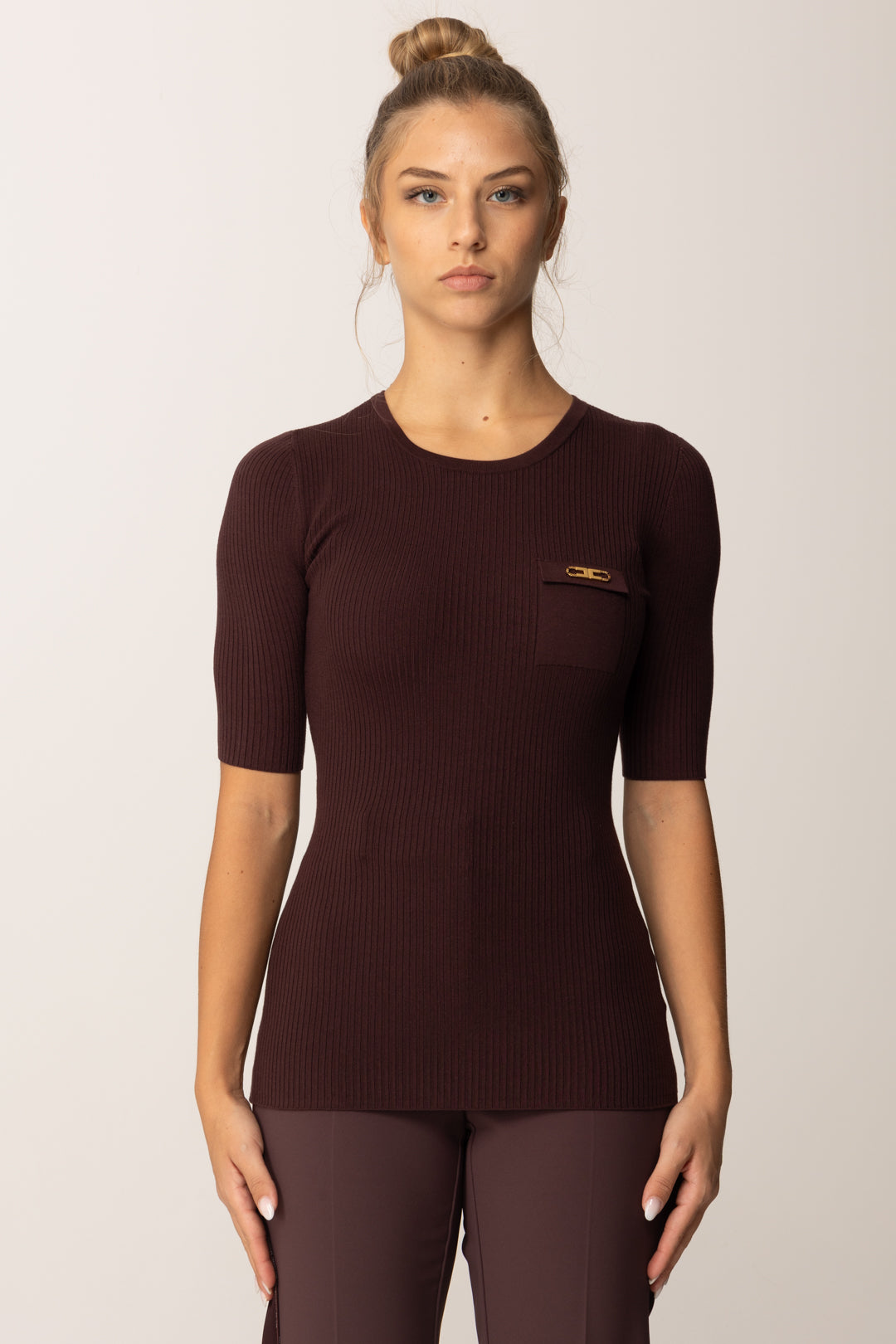 Elisabetta Franchi Maglia a Costine con Maniche Corte MK10B56E2 MERLOT