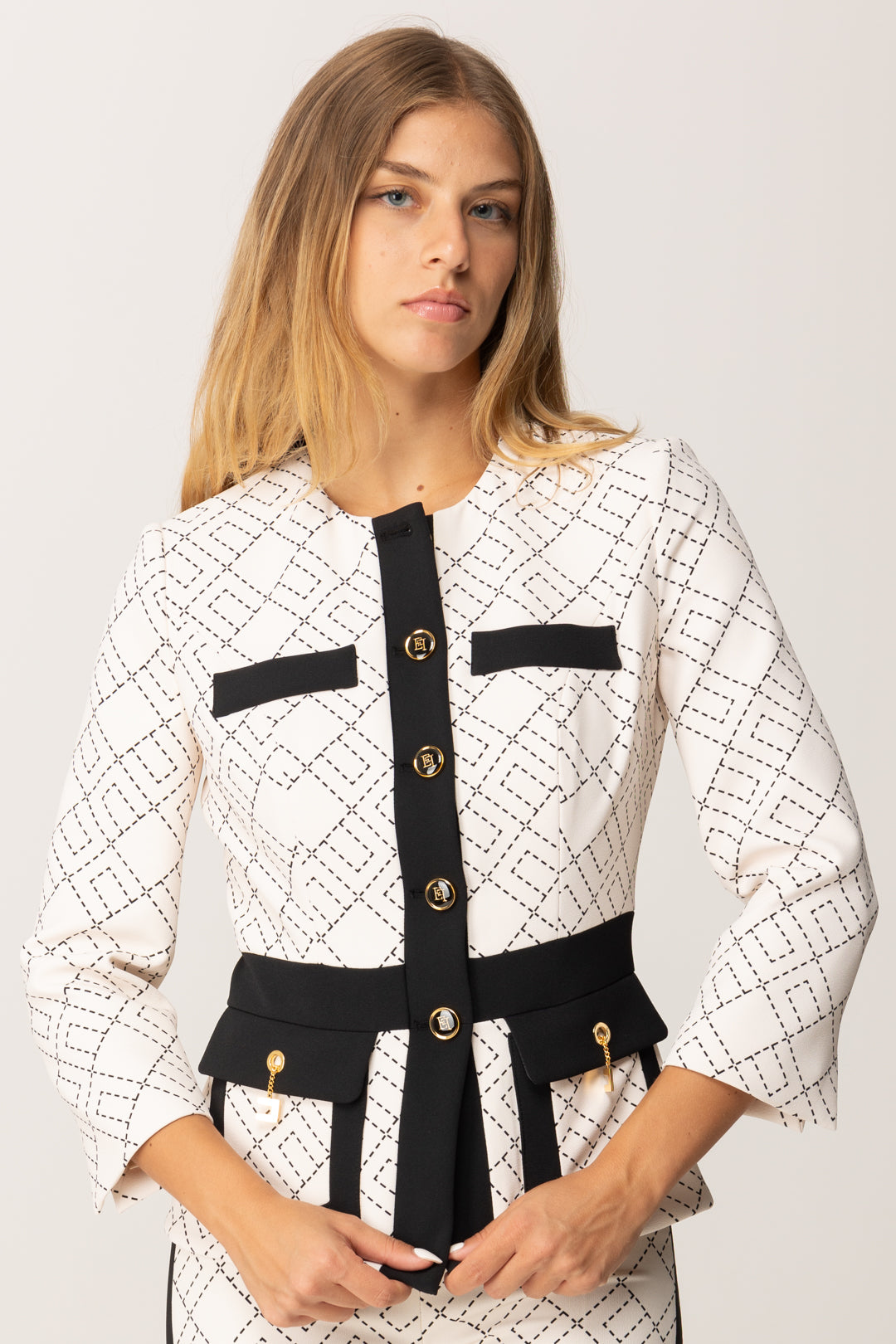 Elisabetta Franchi Giacca Bicolor con Pattern Logo GIS0156E2 MILK/NERO