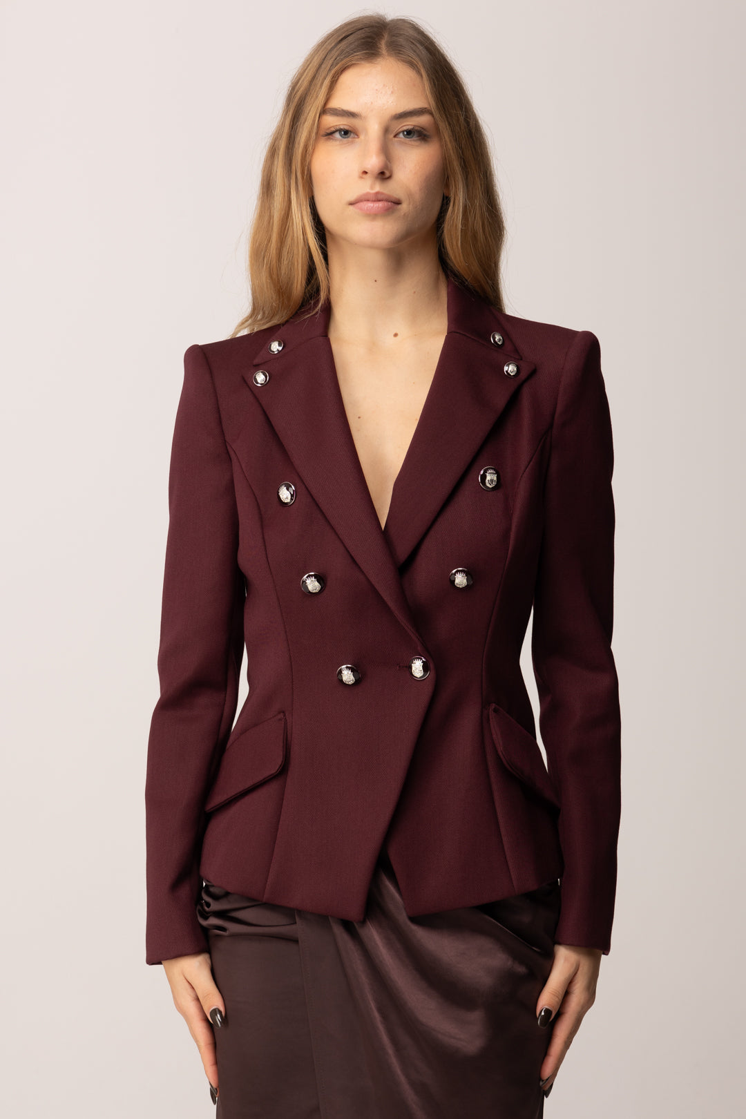 Elisabetta Franchi Giacca Doppiopetto In Gabardina Di Misto Lana GI16256E2 MERLOT