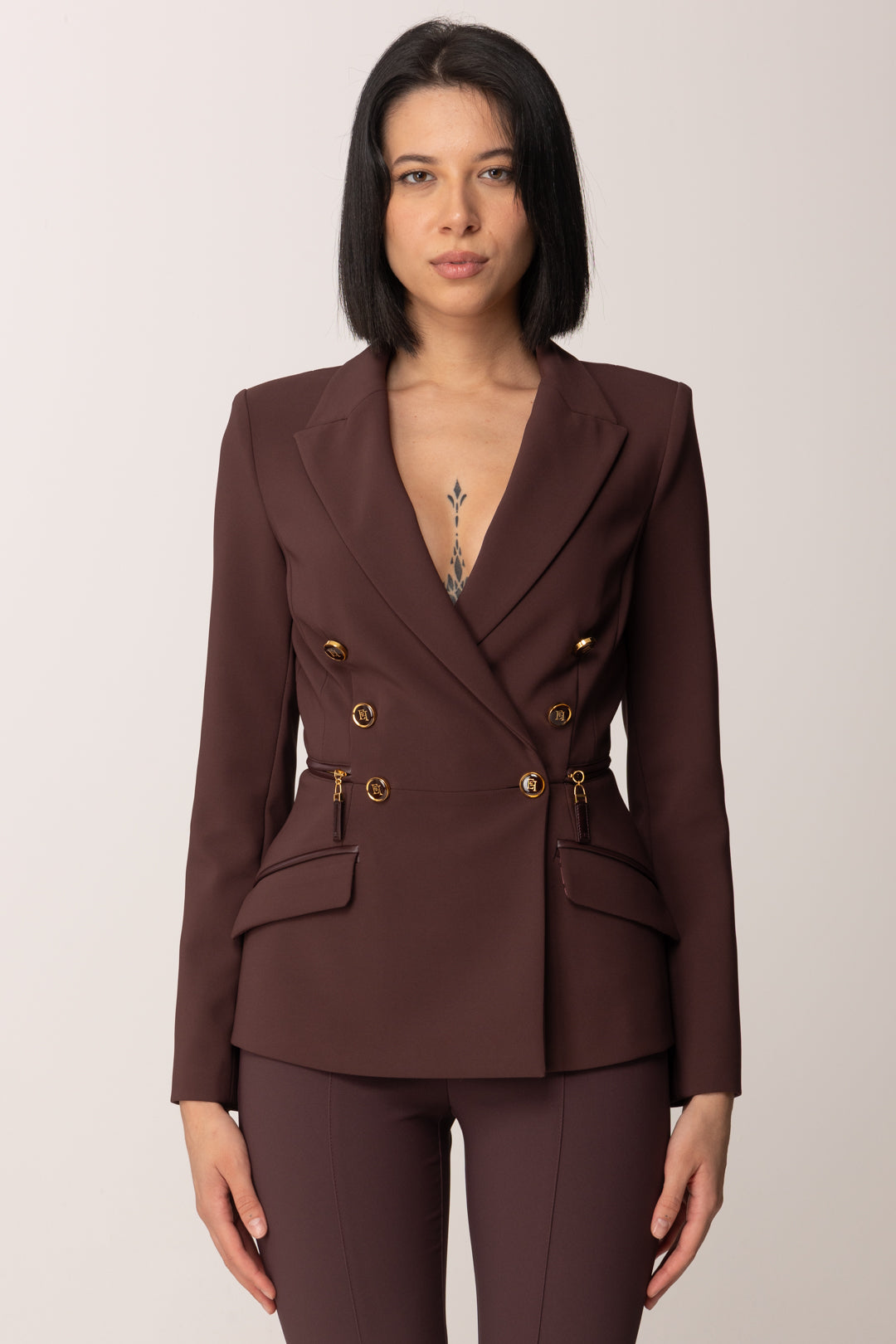 Elisabetta Franchi Giacca Doppiopetto con Zip Ai Fianchi GI17256E2 MERLOT