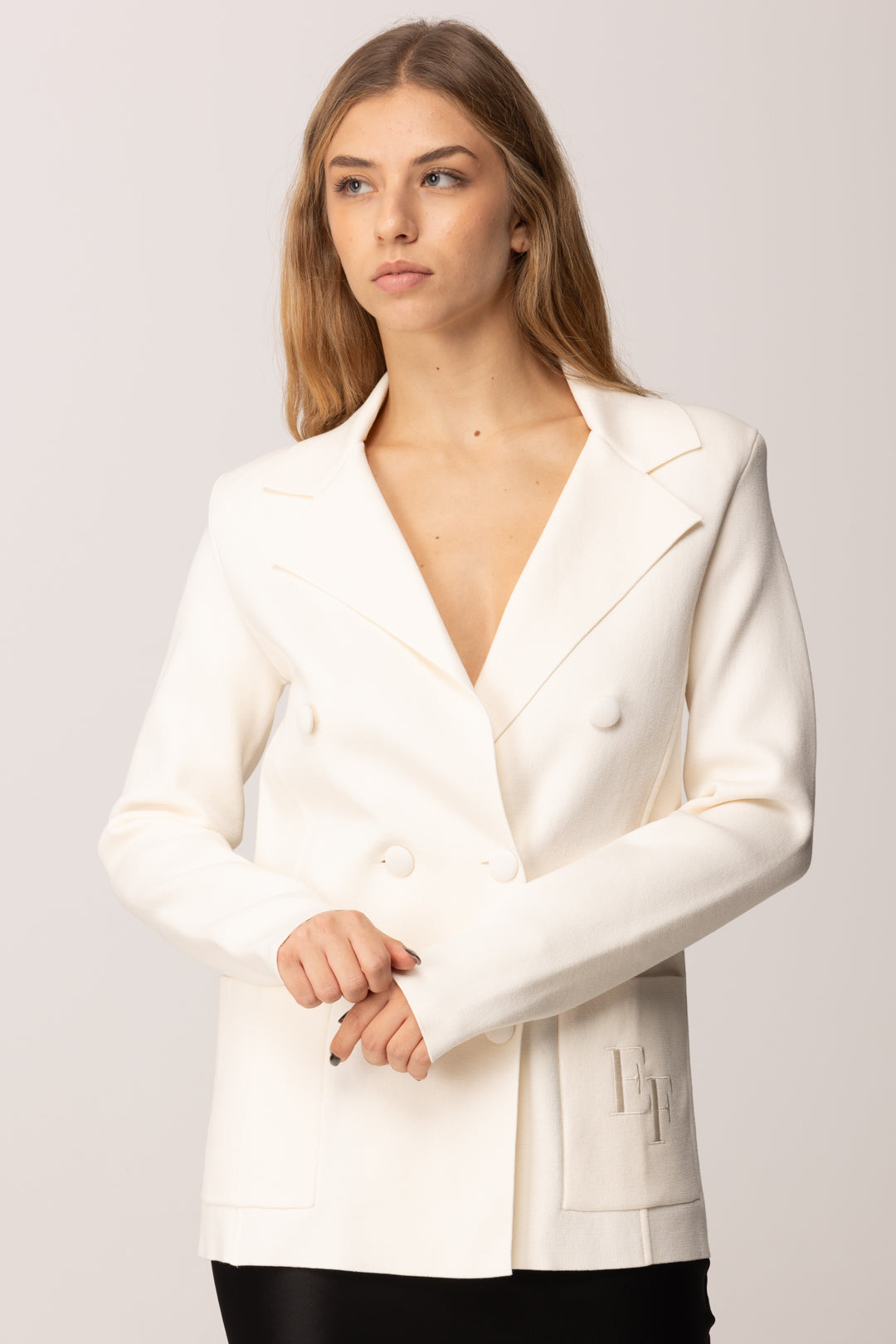 Elisabetta Franchi Giacca In Maglia Doppio Petto con Ricamo Ef MK52S57E2 MILK