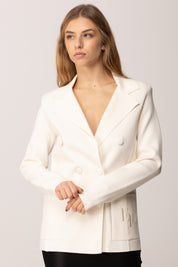 Elisabetta Franchi Giacca In Maglia Doppio Petto con Ricamo Ef MK52S57E2 MILK