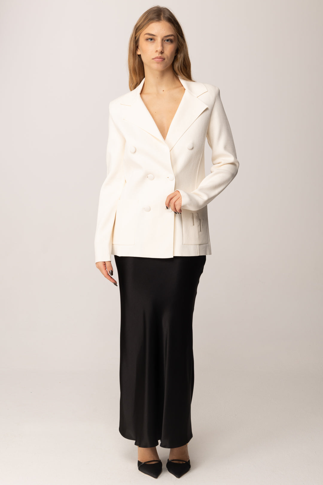 Elisabetta Franchi Giacca In Maglia Doppio Petto con Ricamo Ef MK52S57E2 MILK