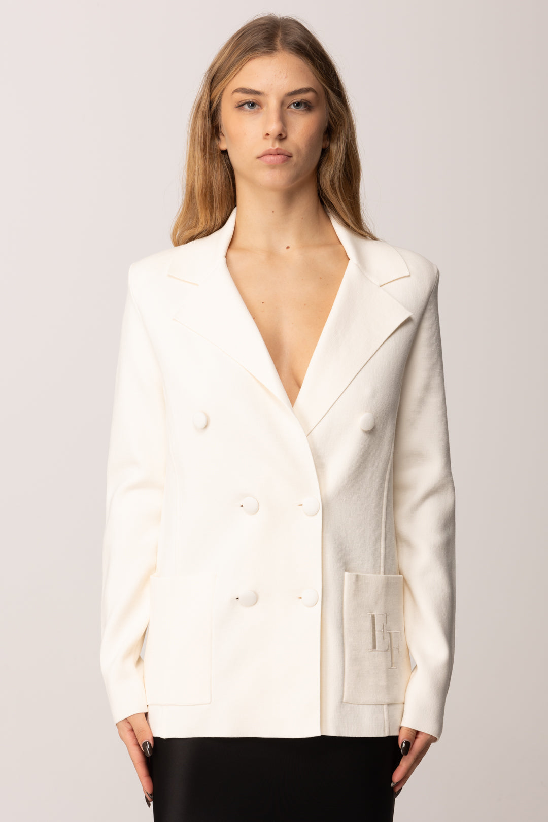 Elisabetta Franchi Giacca In Maglia Doppio Petto con Ricamo Ef MK52S57E2 MILK