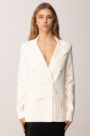 Elisabetta Franchi Giacca In Maglia Doppio Petto con Ricamo Ef MK52S57E2 MILK