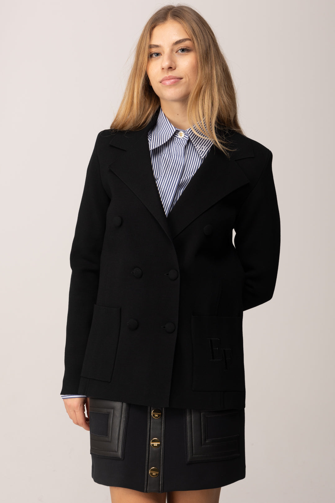 Elisabetta Franchi Giacca In Maglia Doppio Petto con Ricamo Ef MK52S57E2 NERO