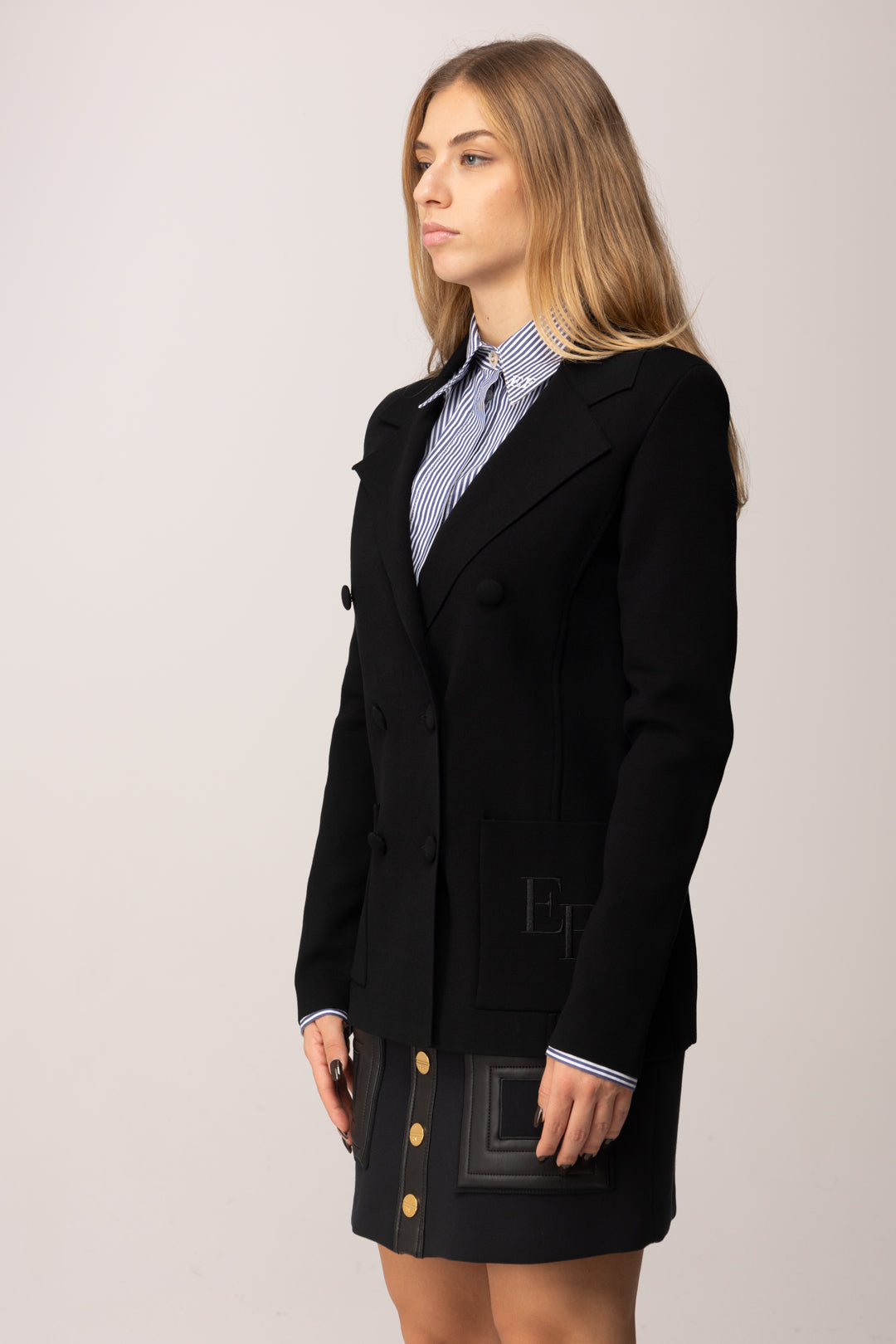 Elisabetta Franchi Giacca In Maglia Doppio Petto con Ricamo Ef MK52S57E2 NERO
