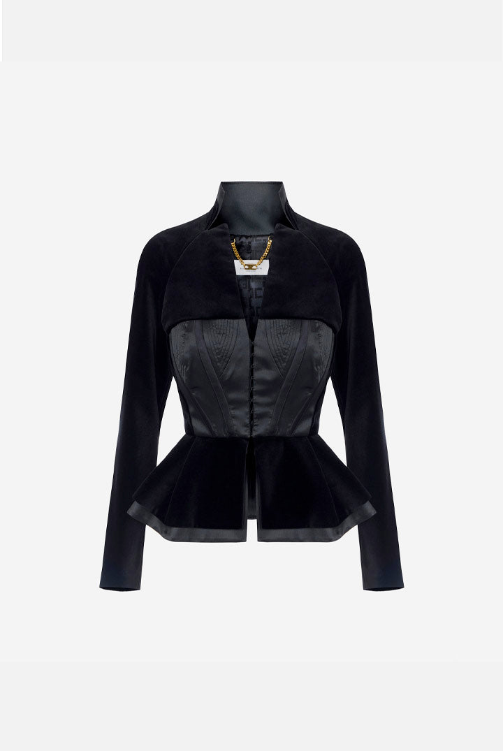 Elisabetta Franchi Giacca In Velluto con Bustier e Baschina GI25967E2 NERO