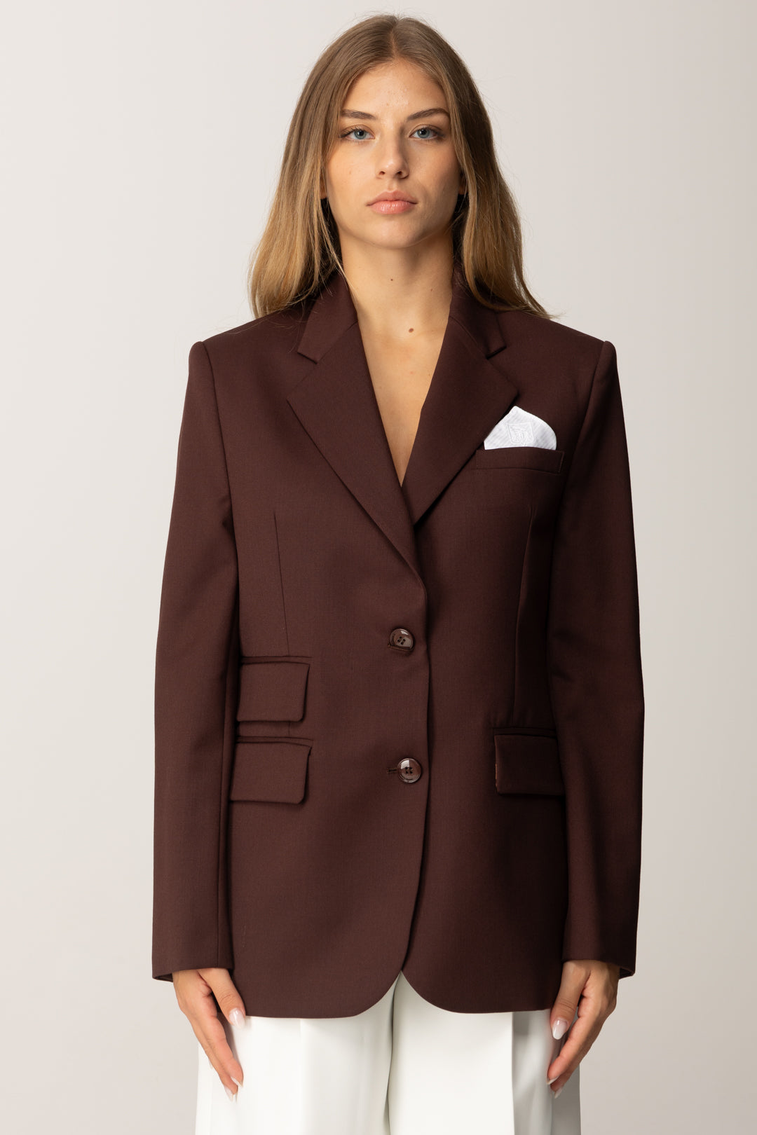Elisabetta Franchi Giacca Monopetto In Fresco Lana con Pochette GI16356E2 COFFEE