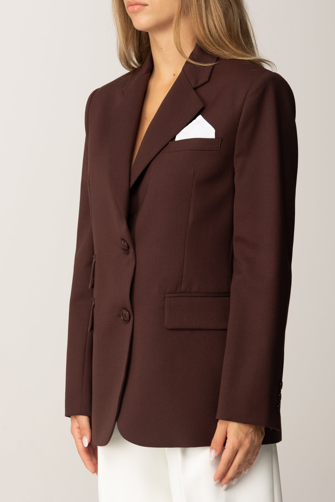 Elisabetta Franchi Giacca Monopetto In Fresco Lana con Pochette GI16356E2 COFFEE