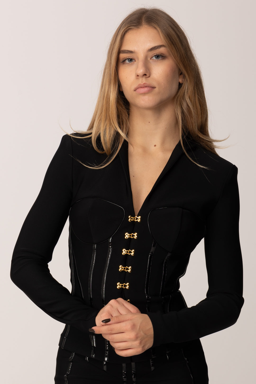 Elisabetta Franchi Giacca con Dettagli Corsetto e Ganci GI18257E2 NERO