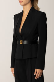 Elisabetta Franchi Giacca con Rever In Raso e Cintura GI17656E2 NERO