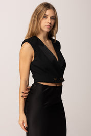 Elisabetta Franchi Gilet Crop con Rever In Raso e Doppiopetto GL00256E2 NERO