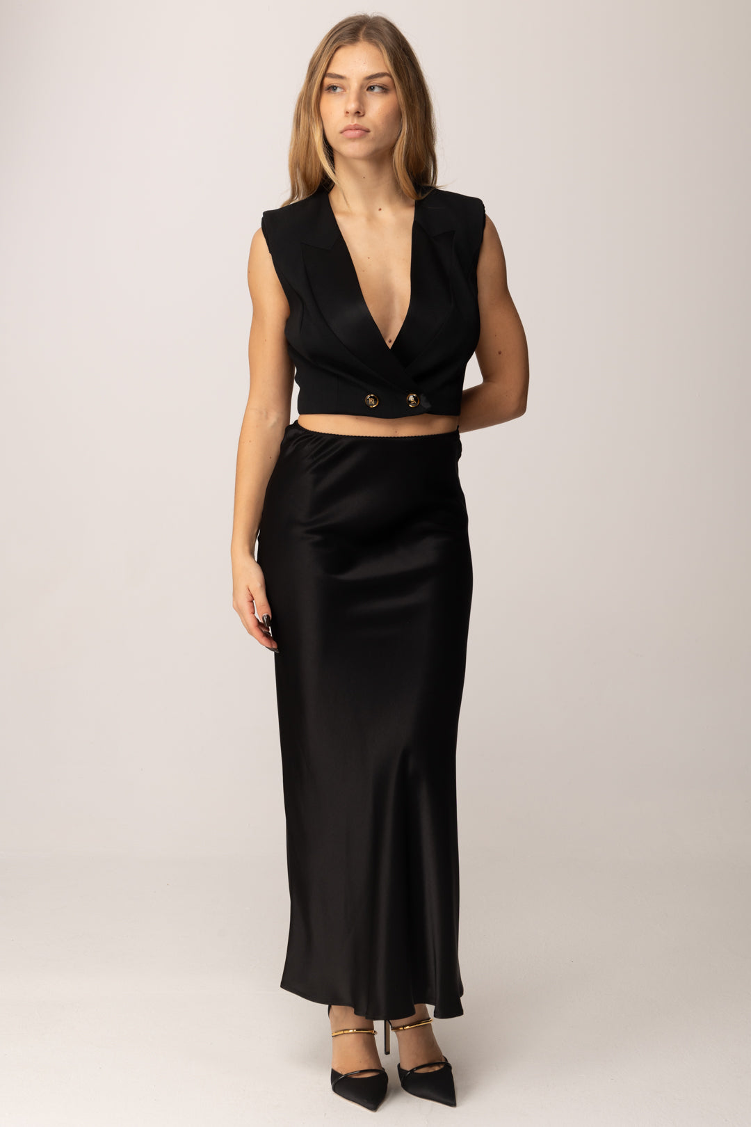 Elisabetta Franchi Gilet Crop con Rever In Raso e Doppiopetto GL00256E2 NERO