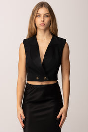 Elisabetta Franchi Gilet Crop con Rever In Raso e Doppiopetto GL00256E2 NERO